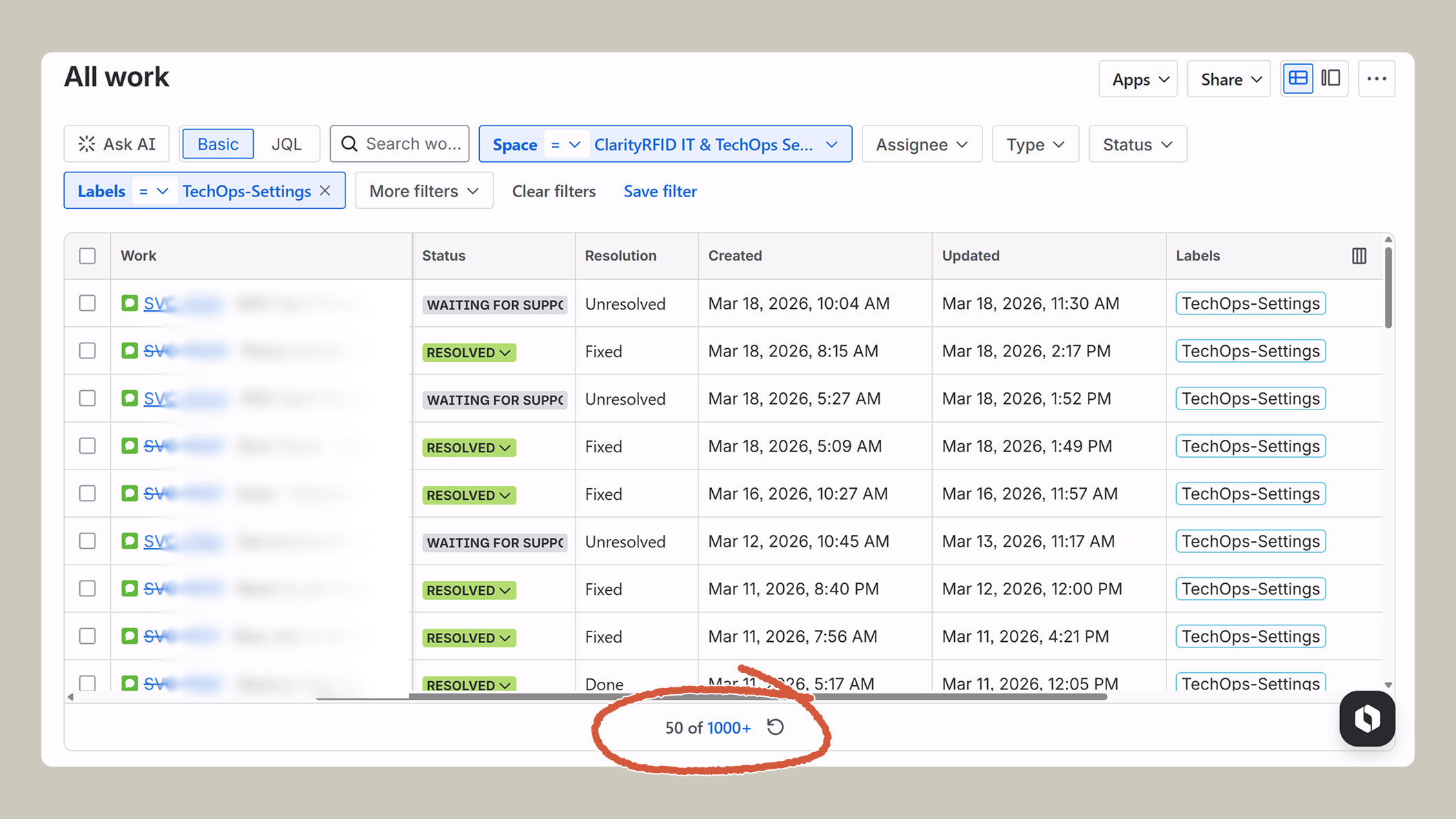 Screenshot of Jira tickets showing 1000+ requests for settings changes