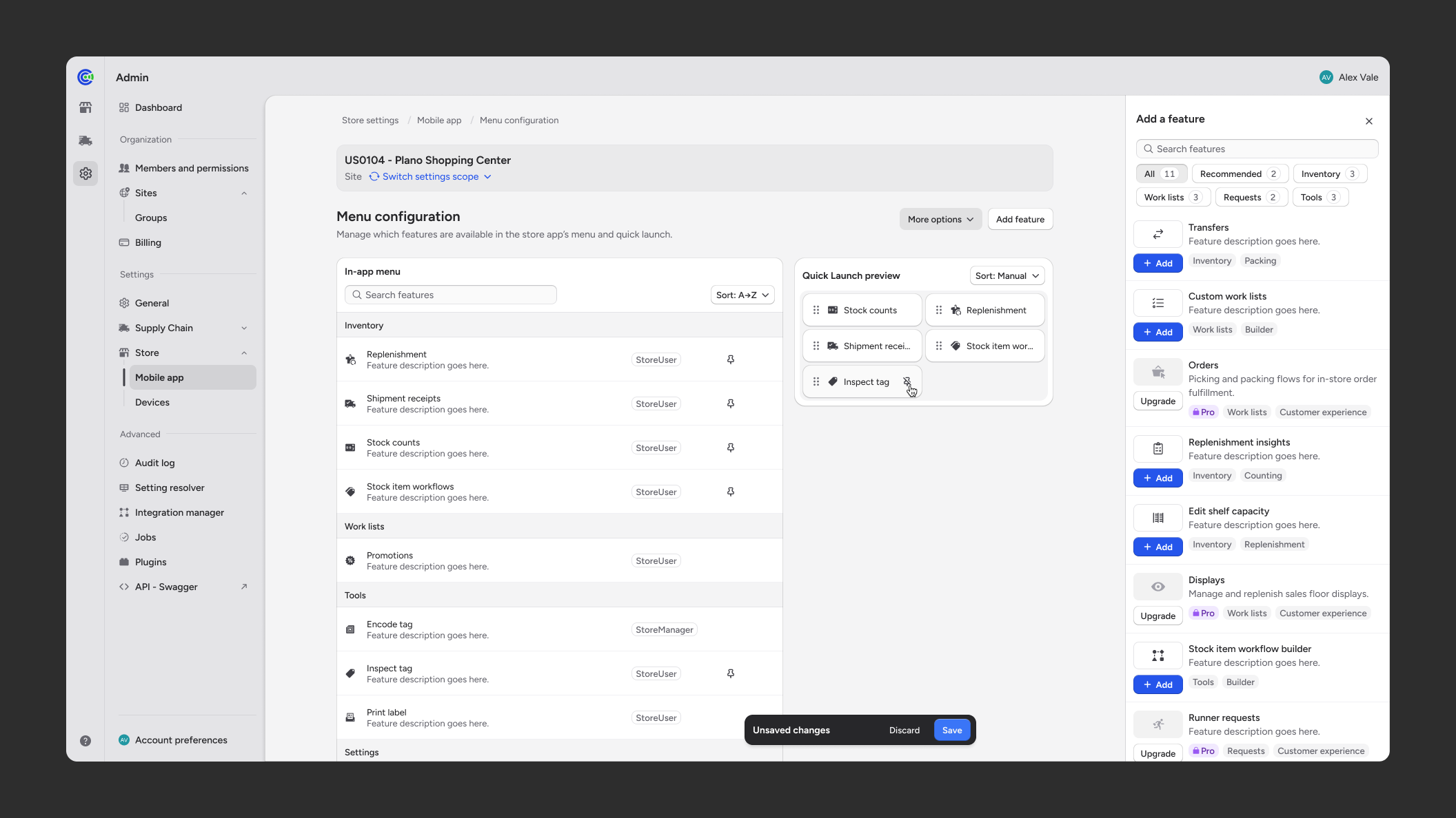 Configuration screen for handheld menu structure and feature flag management within the admin experience