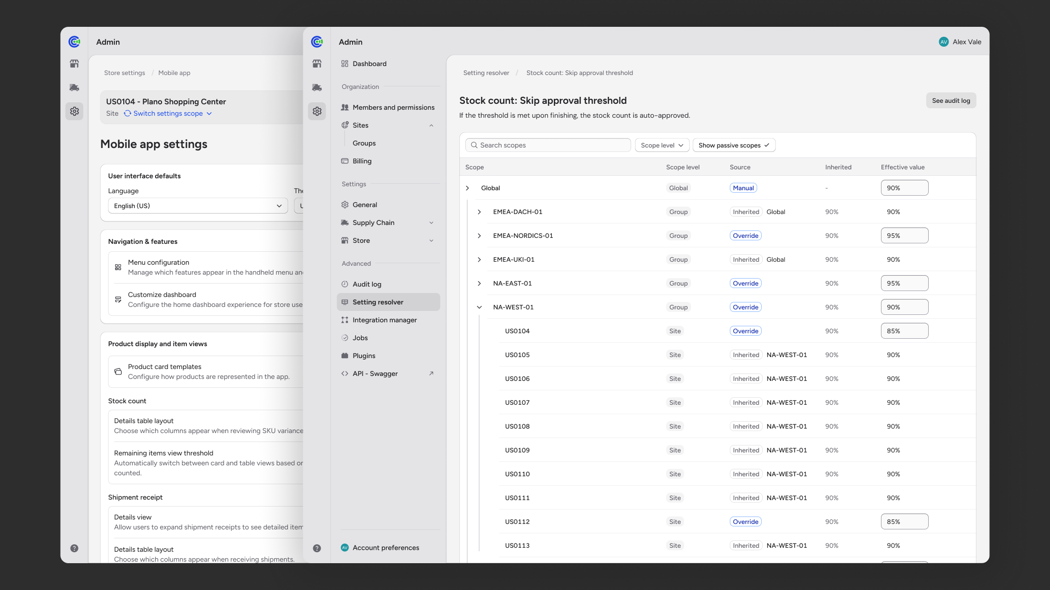 Admin settings showing the two main experiences: a task-oriented settings view and a resolution view for deeper analysis